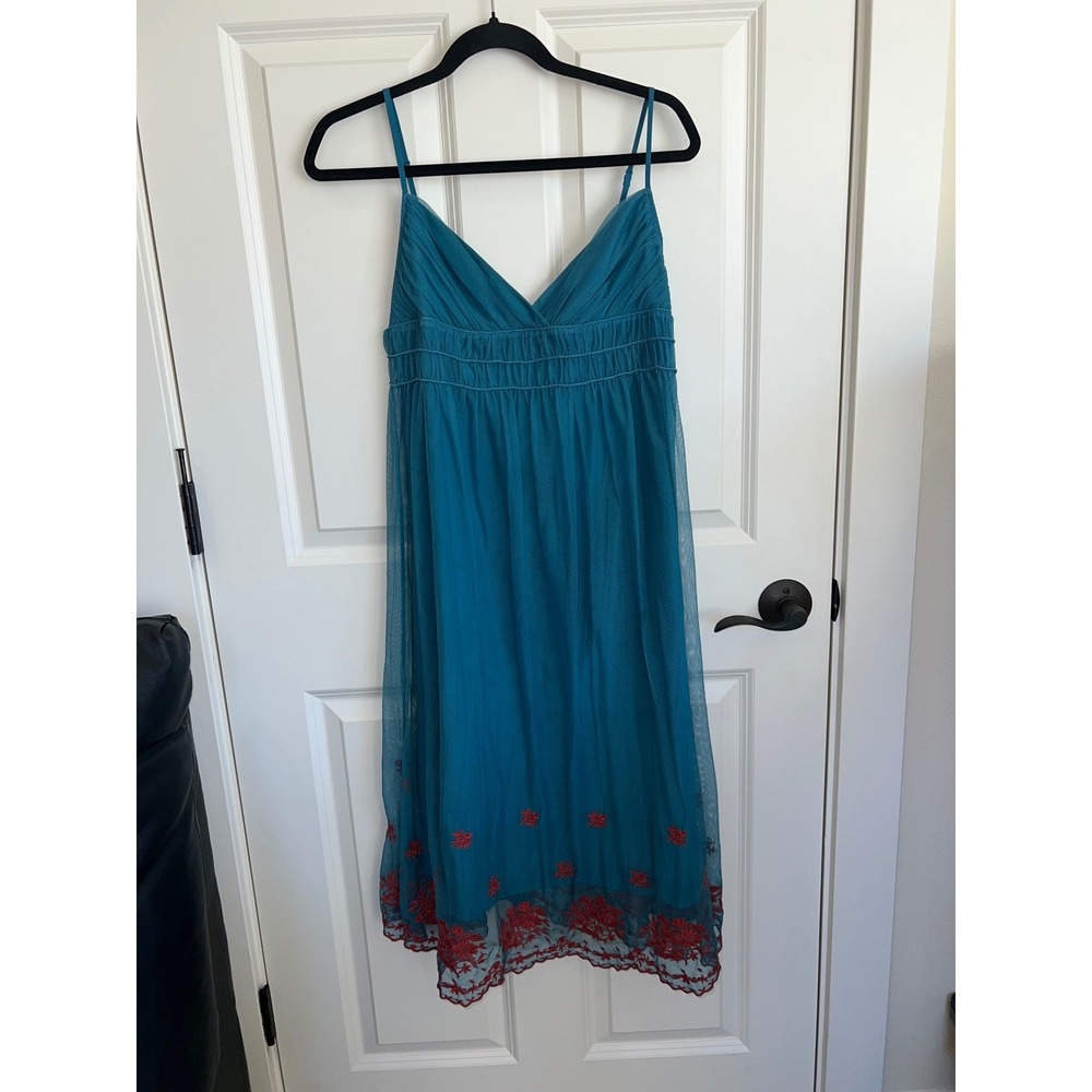 NWT Betsy Johnson Mesh Embroidered Midi Slip Dress Teal Size 8 Y2K 90s Babydoll